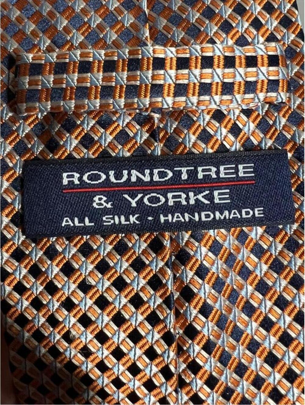 Roundtree Yorke Tie Mens Orange Gold Blue 100% Silk Handmade Basketweave Necktie